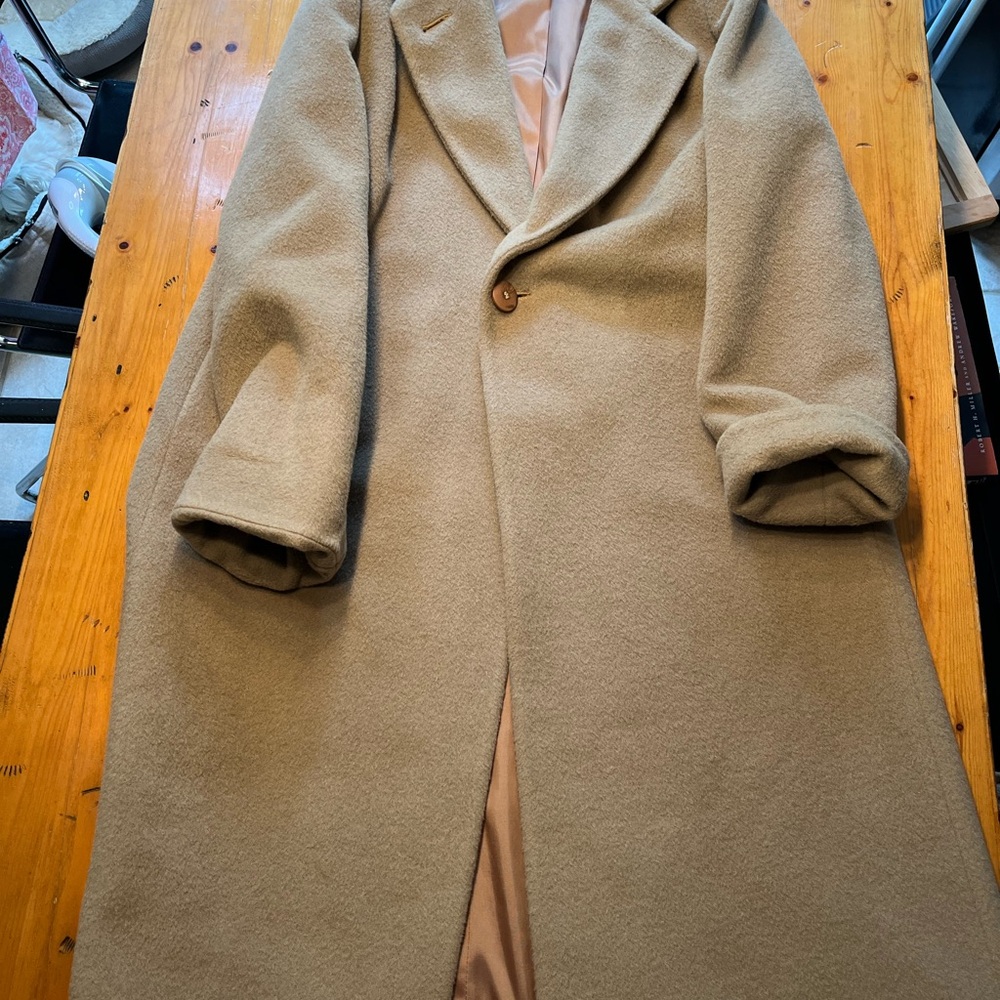 Woman’s full length Paul Levy Tan Wool Overcoat